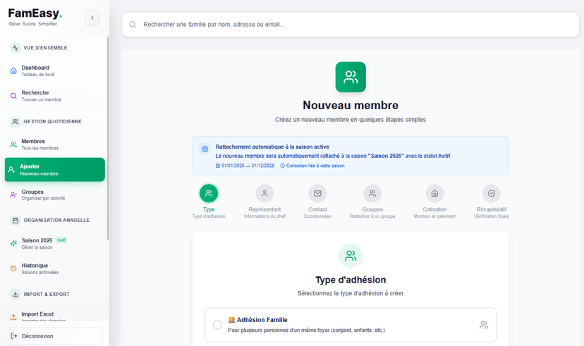 Ajout de membre - Formulaire intuitif pour ajouter de nouveaux membres familles et individuels