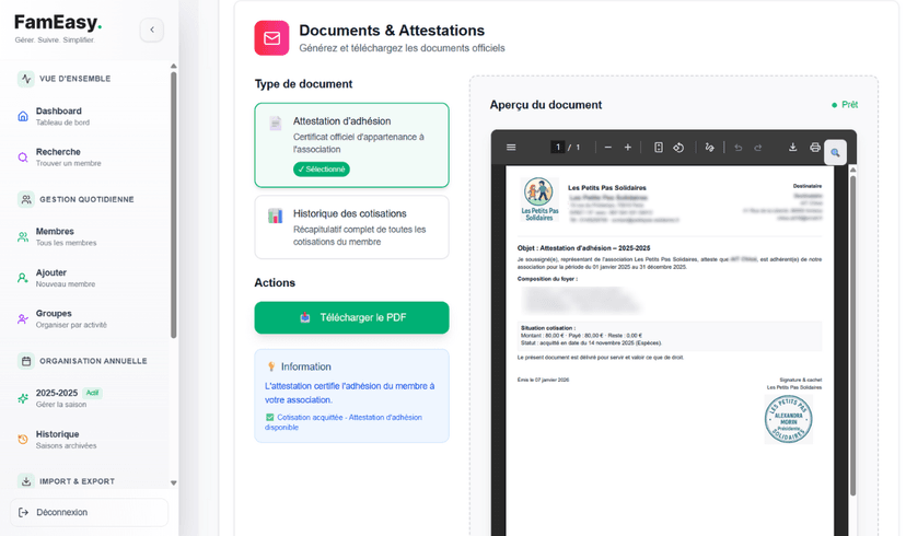Export et documents - Génération automatique d'attestations et reçus