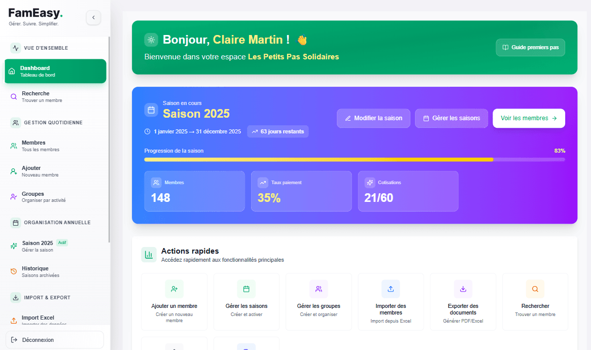 Dashboard FamEasy - Interface de gestion d'association moderne avec tableaux de bord intuitifs