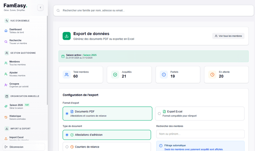 Export et documents - Génération automatique d'attestations et reçus