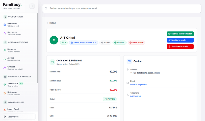 Profil détaillé d'un membre - Page complète avec historique et informations détaillées