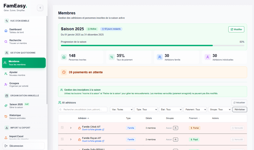 Gestion des membres - Interface intuitive pour gérer tous vos adhérents individuels et familles