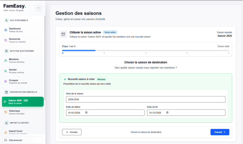 Gérer les saisons - Interface intuitive pour gérer vos saisons